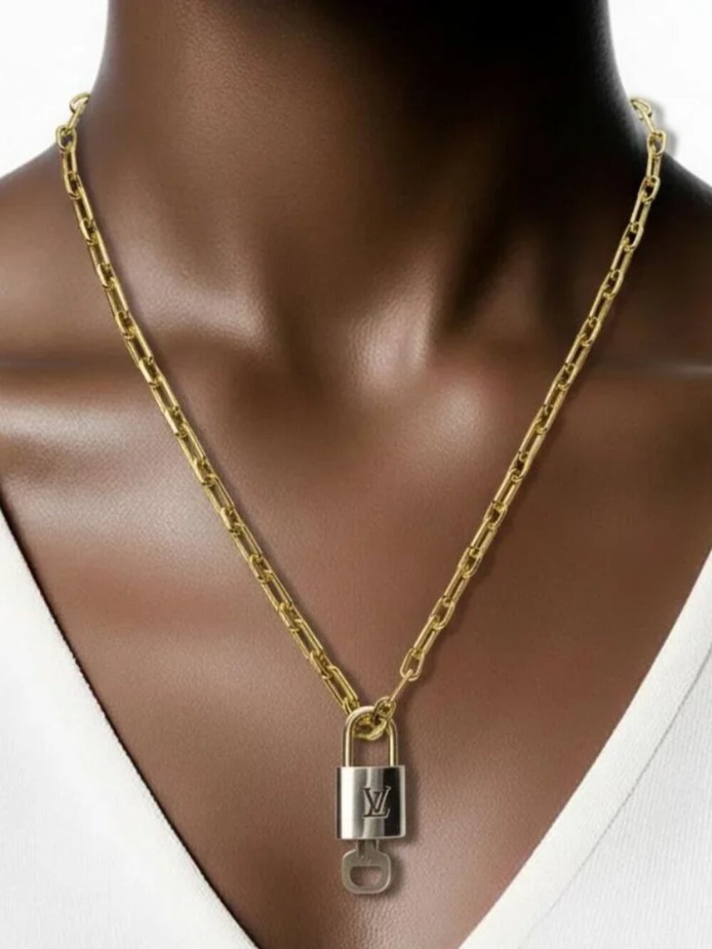 Authentic Louis Vuitton Gold Padlock w/Unbranded Stainless Steel Chain Necklace